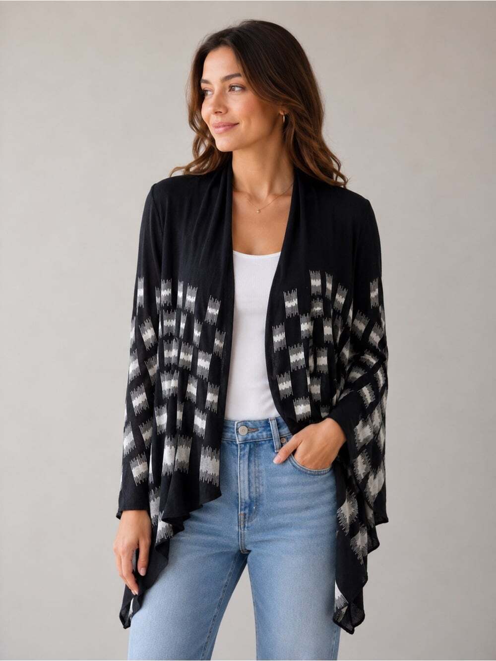 BCBGMaxAzria Black and Ivory Open-Front Patterned Cardigan size small